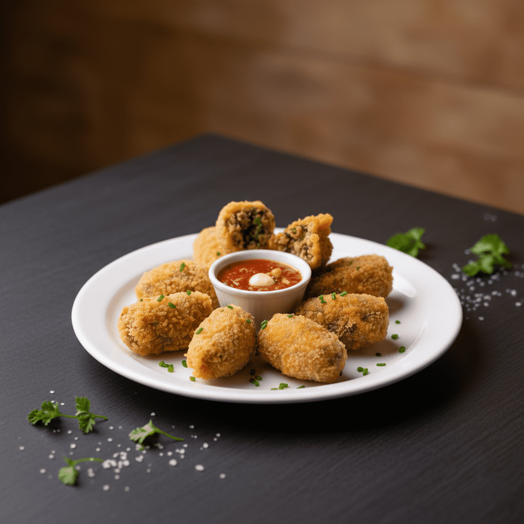 A ring of eight golden-brown breaded nuggets arranged on a white circular plate around a small central bowl of red dipping sauce with a dollop of cream.