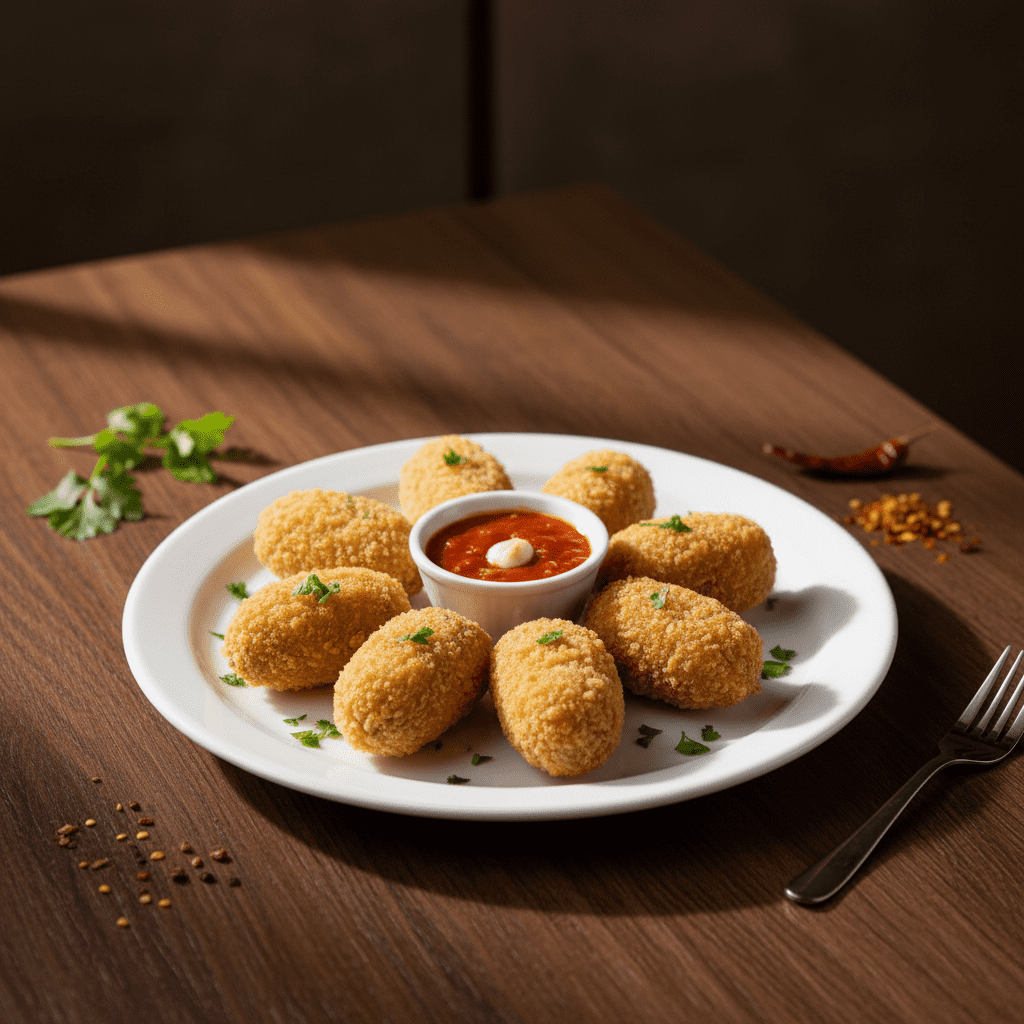 Golden-fried appetizer nuggets served around a central bowl of red sauce on a white plate, with two broken nuggets showing a vibrant green spinach and herb filling.