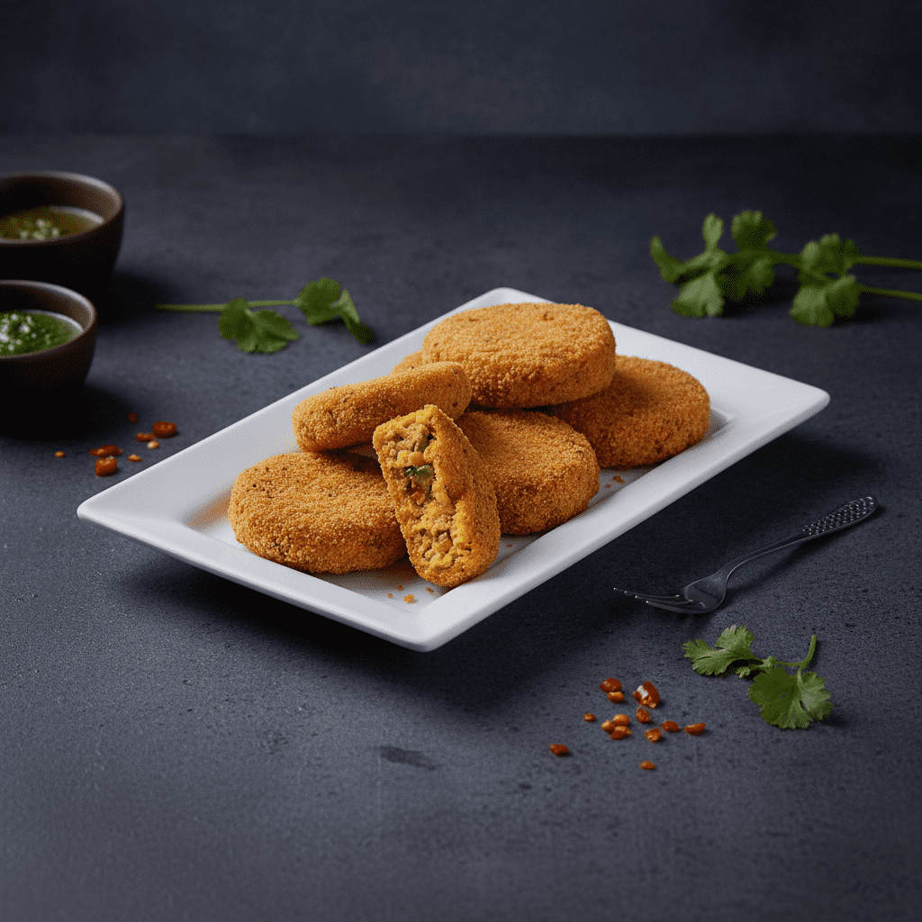 A stack of golden breaded vegetable cutlets on a white platter, with one cutlet broken open to reveal a green and orange vegetable stuffing.