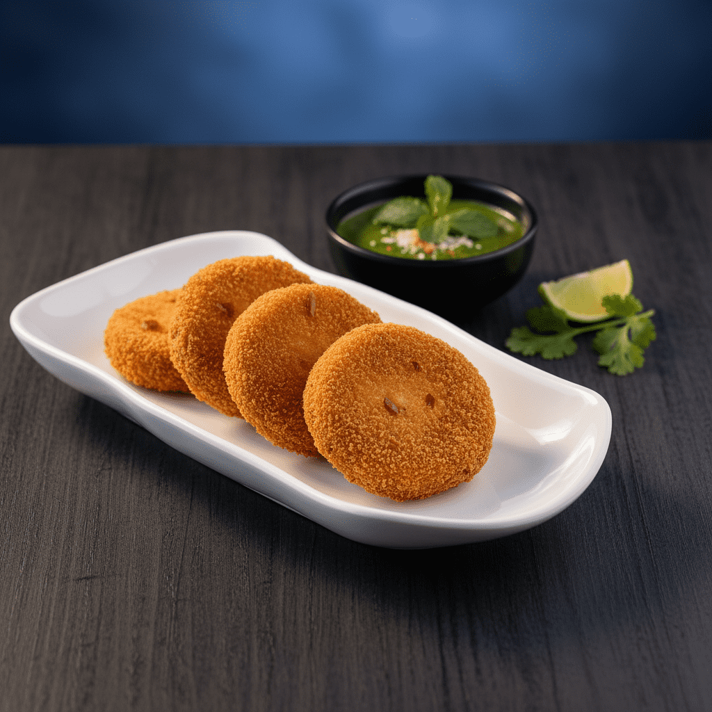 Four round golden breaded vegetable cutlets arranged in a neat overlapping row on a white rectangular plate next to green mint chutney.