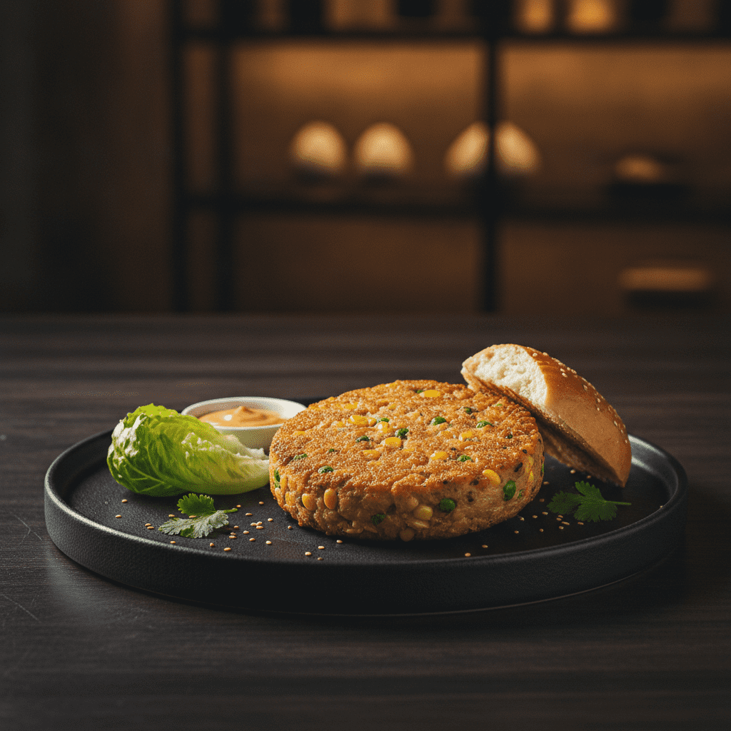 A thick crispy fried vegetable burger patty loaded with corn and green peas, served on a black plate with a burger bun, lettuce, and a cup of orange mayonnaise sauce.