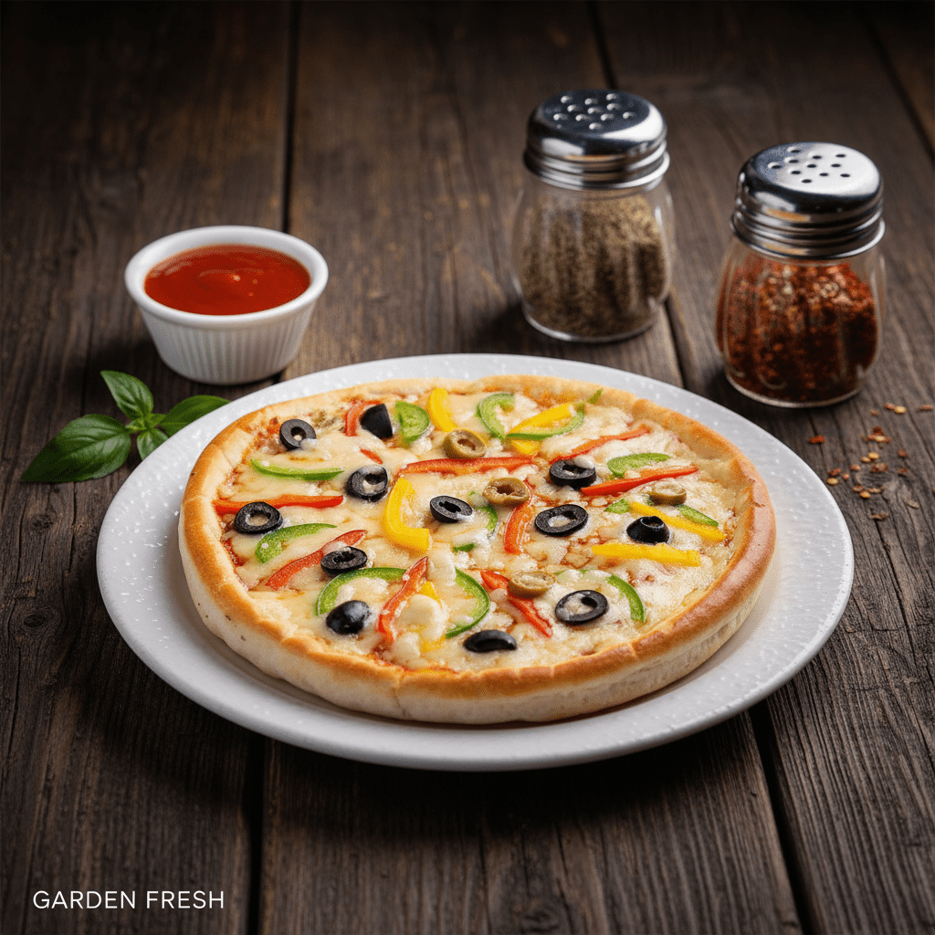 A whole garden fresh pizza topped with melted mozzarella cheese, black olives, green and yellow bell peppers, and sliced tomatoes on a white platter.
