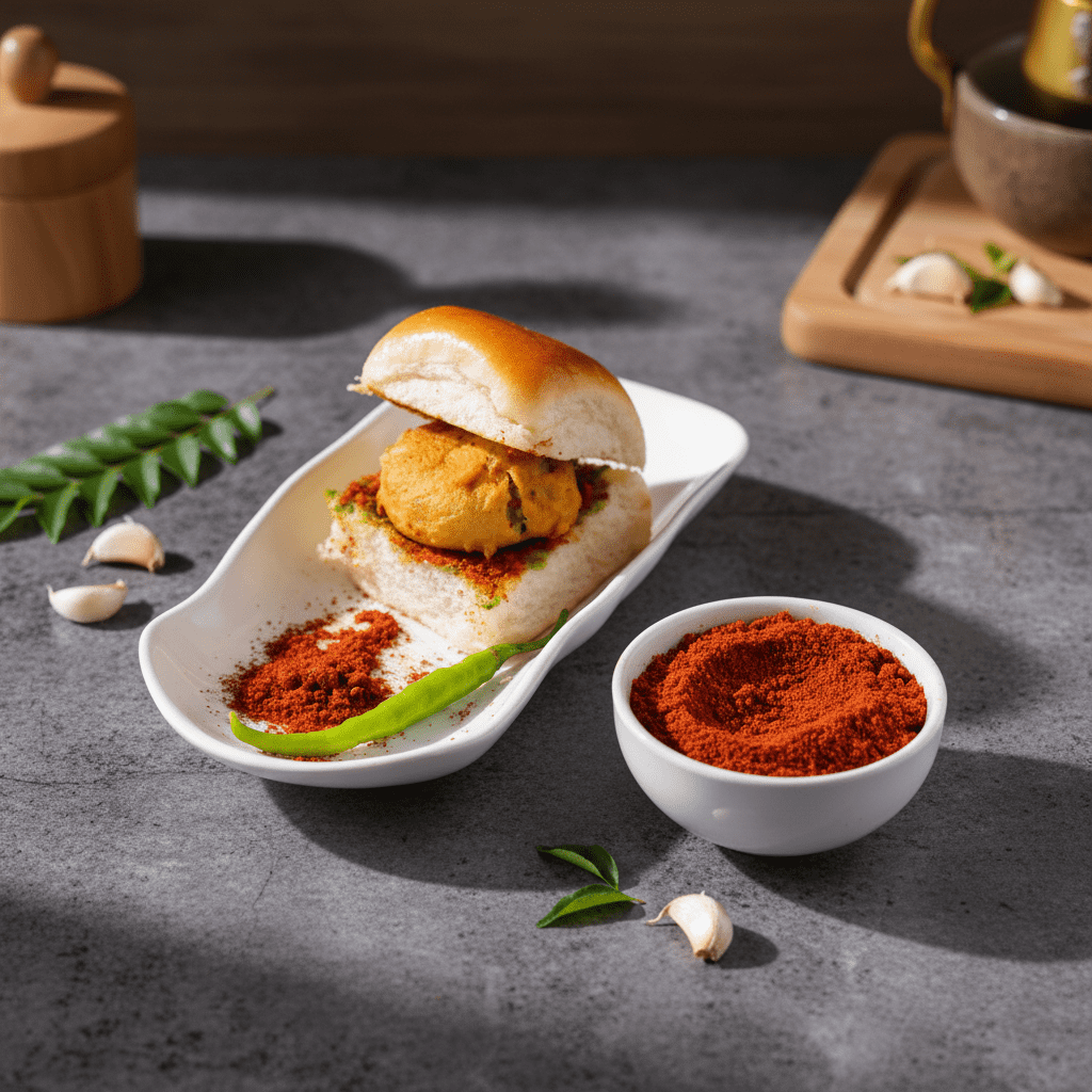 A small white bowl filled with bright red dry garlic chili masala next to a freshly prepared Vada Pav on a white wavy plate.