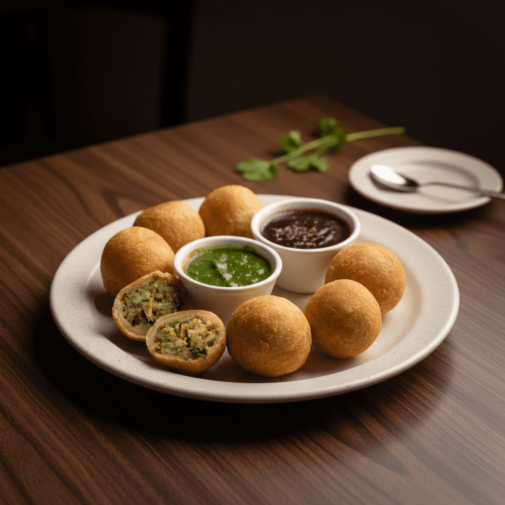 Golden-fried Lilva kachoris served with traditional sweet and spicy Indian dipping sauces on a white stone platter over a dark wooden table.