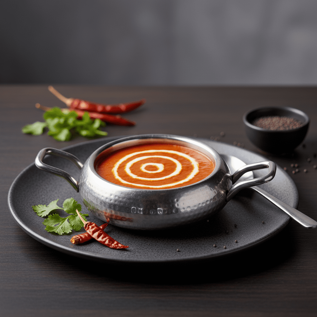 A rich, smooth orange-red Indian curry garnished with a white cream spiral swirl, served in a traditional hammered stainless steel kadhai with handles on a black plate.