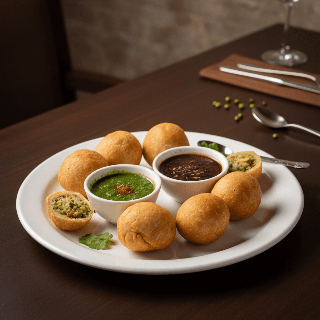 Crispy khasta dal kachoris arranged on a white ceramic plate next to green mint chutney topped with chili powder and dark sweet chutney.