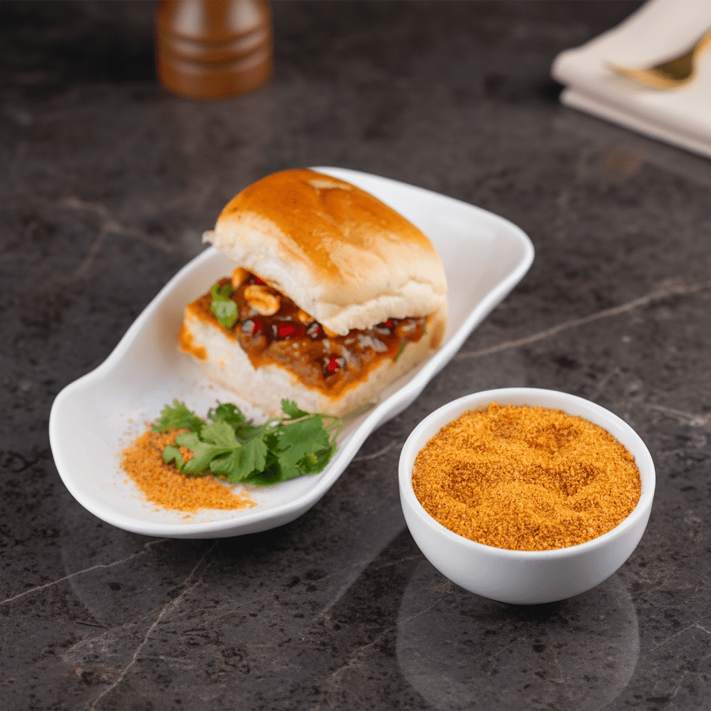 A small white ceramic bowl filled with fine golden-brown Dabeli masala premix next to a prepared Kutchi Dabeli on a white wavy plate.