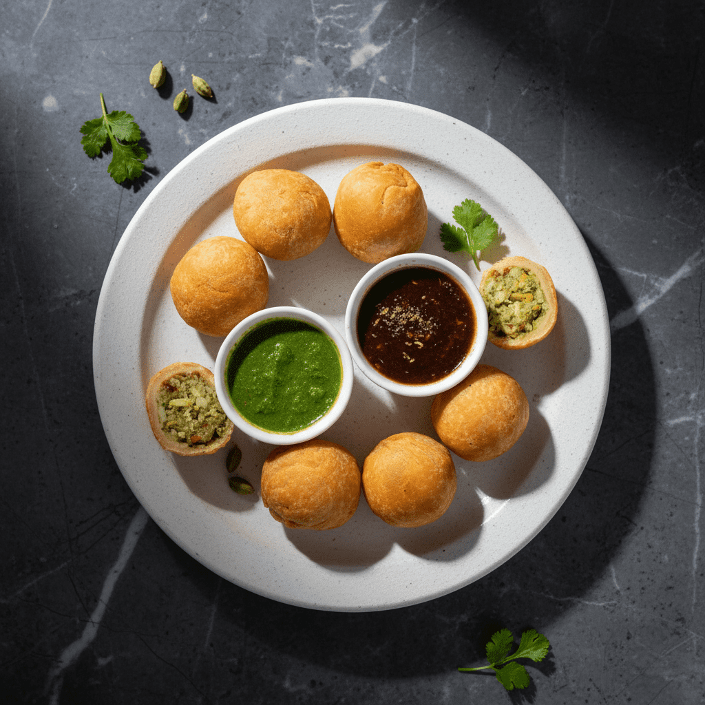 Top-down view of golden-brown Kutchi kachoris served on a round white plate with bowls of spicy green chutney and sweet tamarind dates chutney.