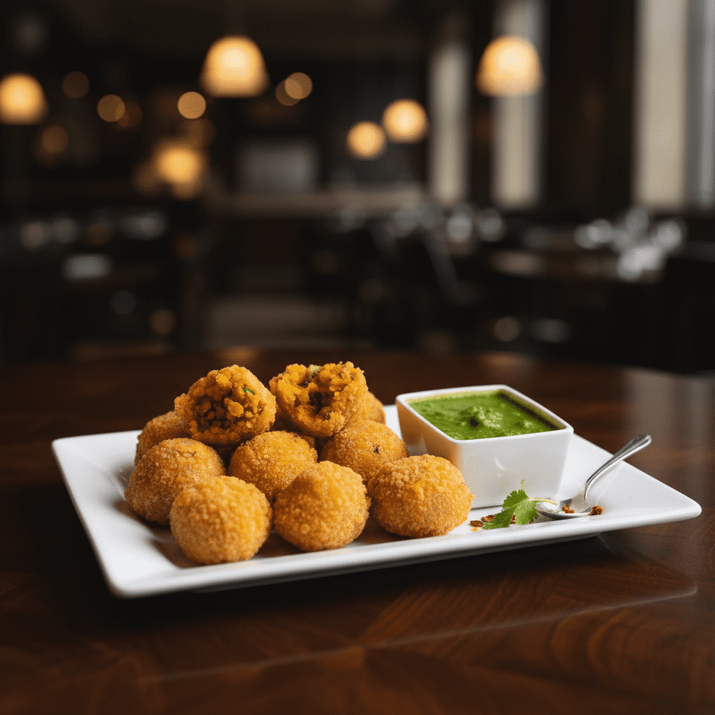 A pile of golden fried Mexican chipotle cheese balls on a square white platter with a small square bowl of bright green chutney and a silver spoon.