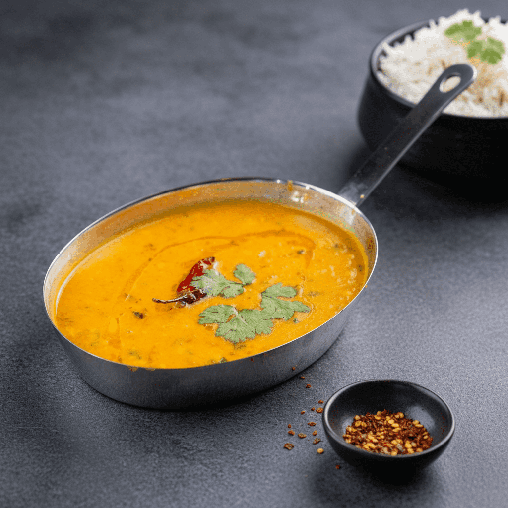An oval stainless steel pan filled with yellow Punjabi dal fry topped with a red chili and coriander, served with a side of fluffy white jeera rice and a cube of butter.