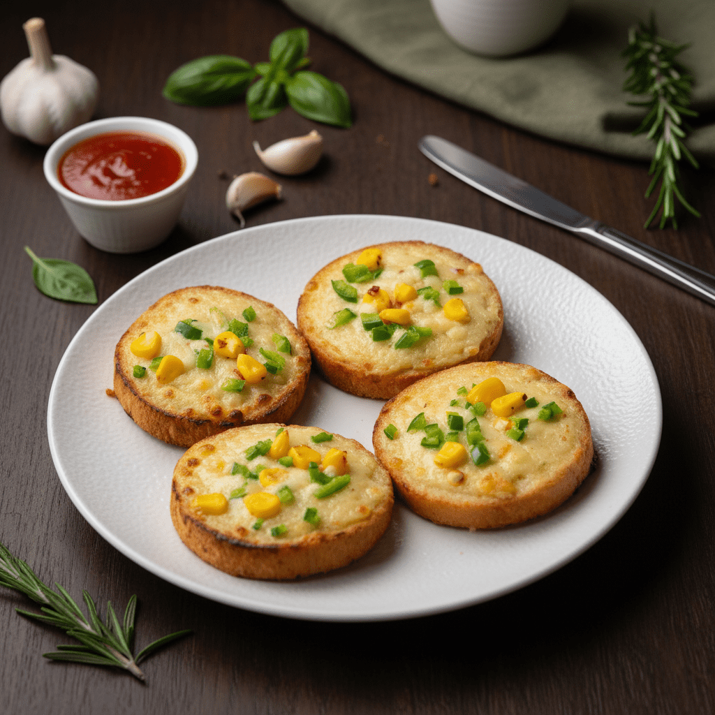 Four round slices of supreme garlic bread topped with melted cheese, sweet corn kernels, and diced green capsicum on a textured white plate.
